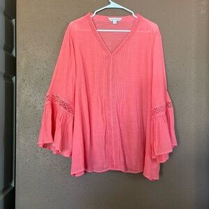 Counterparts Coral Pink Crochet Lace Pintuck Bell Sleeve Blouse 2X
